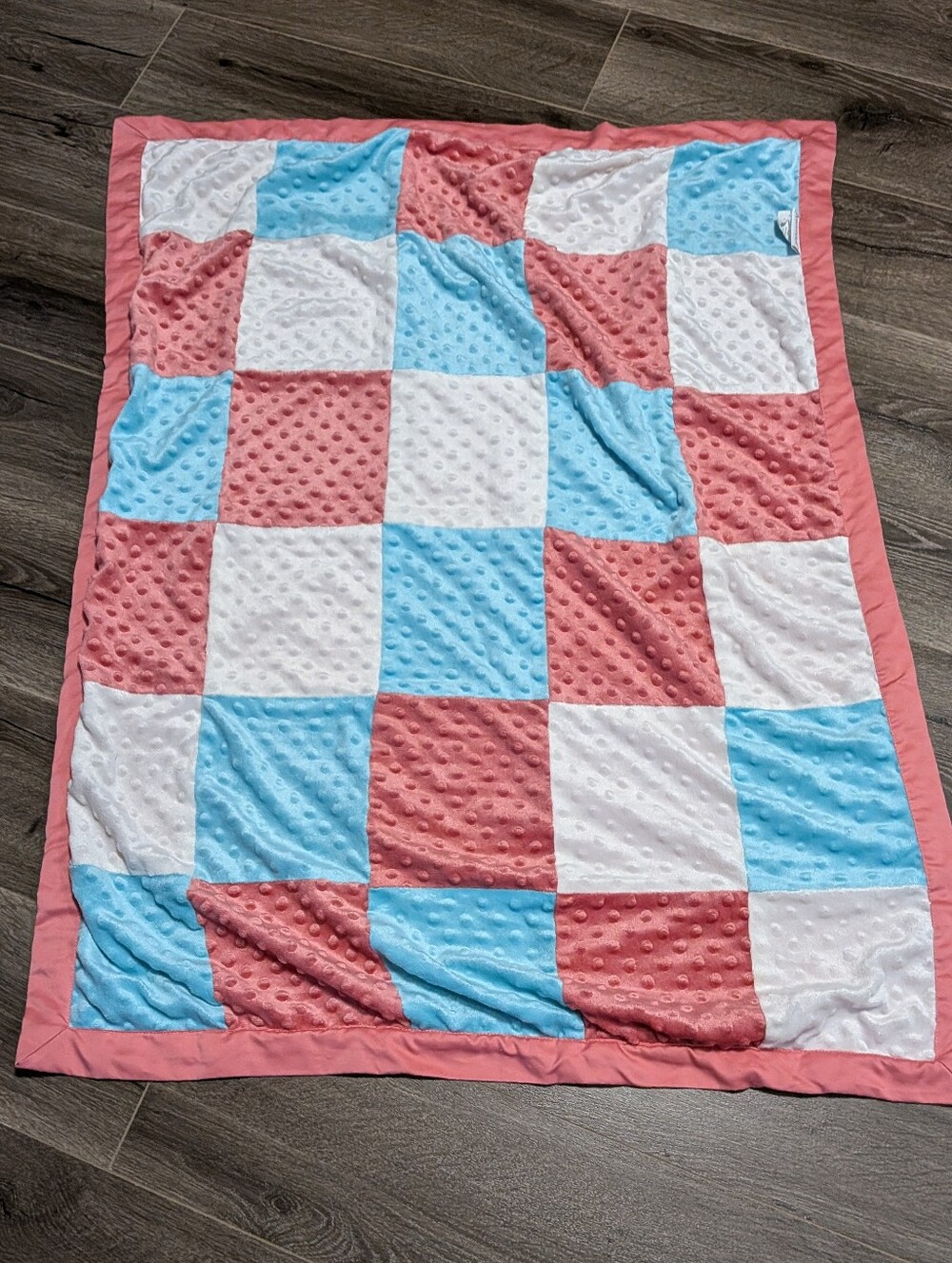 The Peanutshell. Soft Dot Minky Patchwork Baby Blanket - White, Blue & Pink